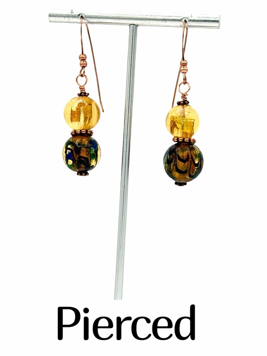 Jewelry - Lamp Work Glass Pierced Earrings Golden Yellow & Green Copper Womans Jewelry